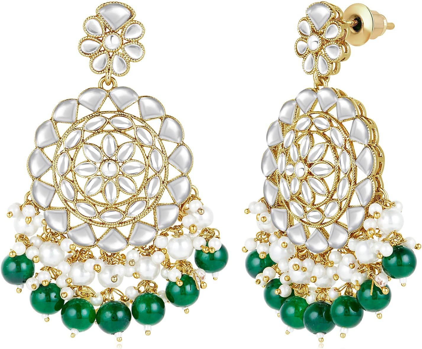 Aheli シルバーメッキ クンダン&amp;グリーンビーズスタッズチョーカーネックレス ダングルイヤリング&amp;Maangti