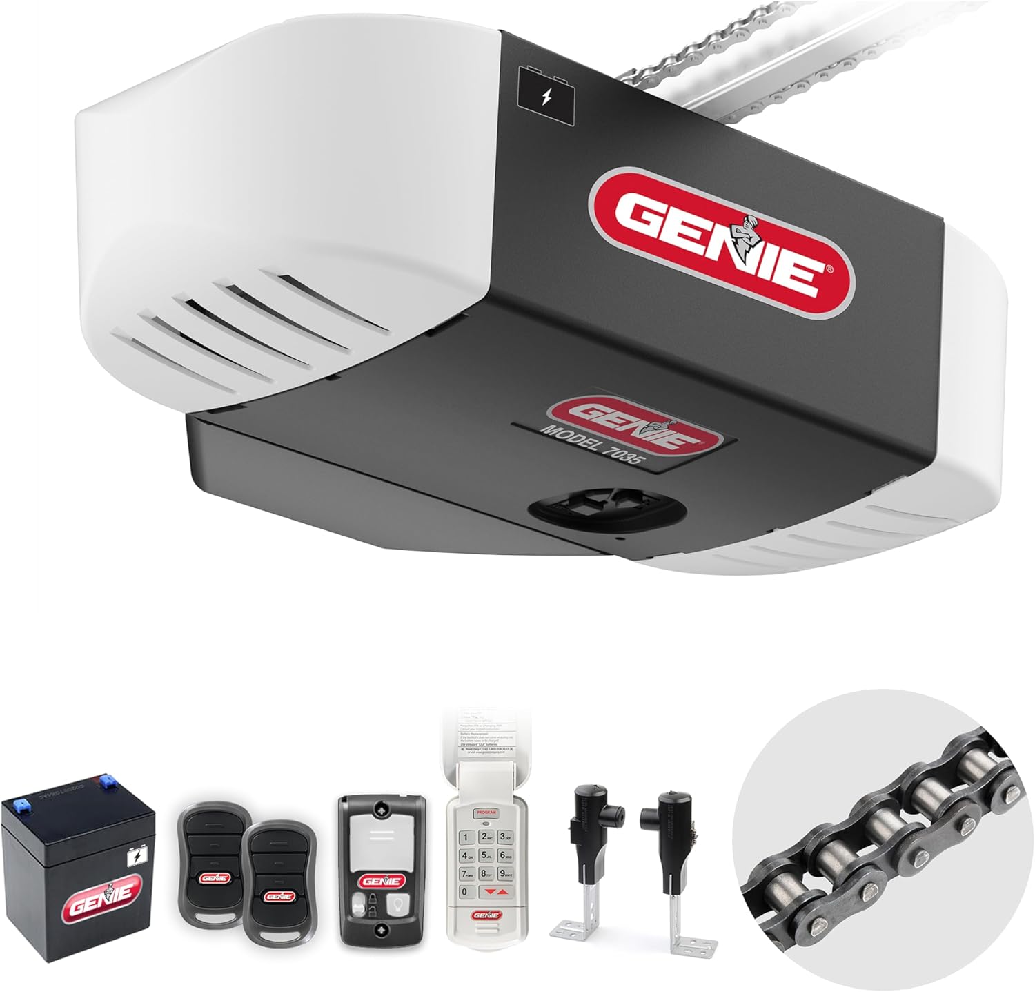 Genie Chain Drive 750 3/4 HPc Garage Door Opener w/Battery Backup - Heavy Duty - Operate your garage door when the primary power is out - Wireless Keypad Included, Model 7035-TKV,BLACK Two remotes & Keypad