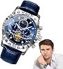 Mechanical Watches for Men - Elegant Automatic Bracelet Watch for Men, Chronograph | Luxury Multifunction Watch with Leather Strap, Classic Analog Screen for Business and Clothing, blue, See