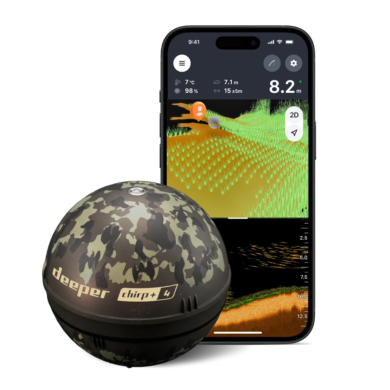 Détecteur de poissons Deeper CHIRP+ 4 à commande vocale et alimenté par l'IA avec GPS – Sonar portable pour la pêche en bateau, sur la glace et sur la rive, cartographie 2D/3D via l'application