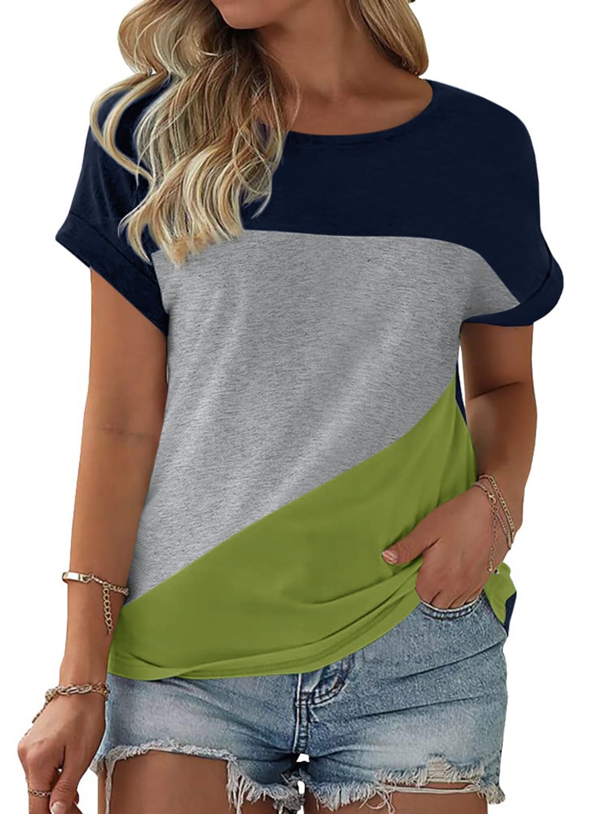 Fisoew Damen T-Shirt Rundhals Farbblock Kurzarm Shirt Casual Oberteil Sommer Locker Baumwolle Tee Tops