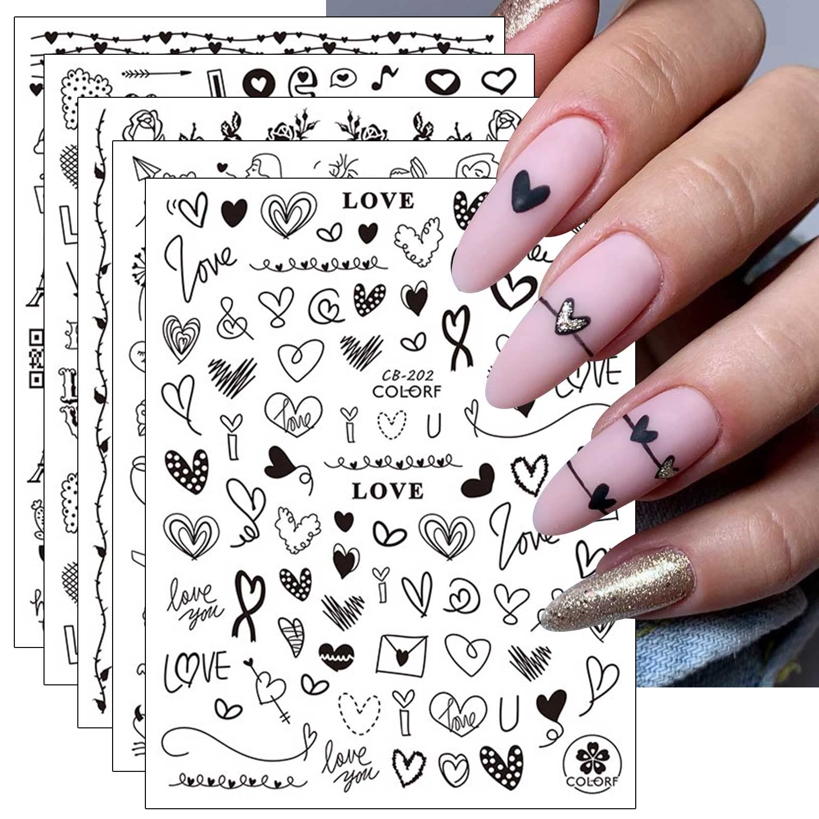 Nagelsticker Valentinstag - 9 Blatt Selbstklebende Nail Art Aufkleber Mit Herzen & Farben