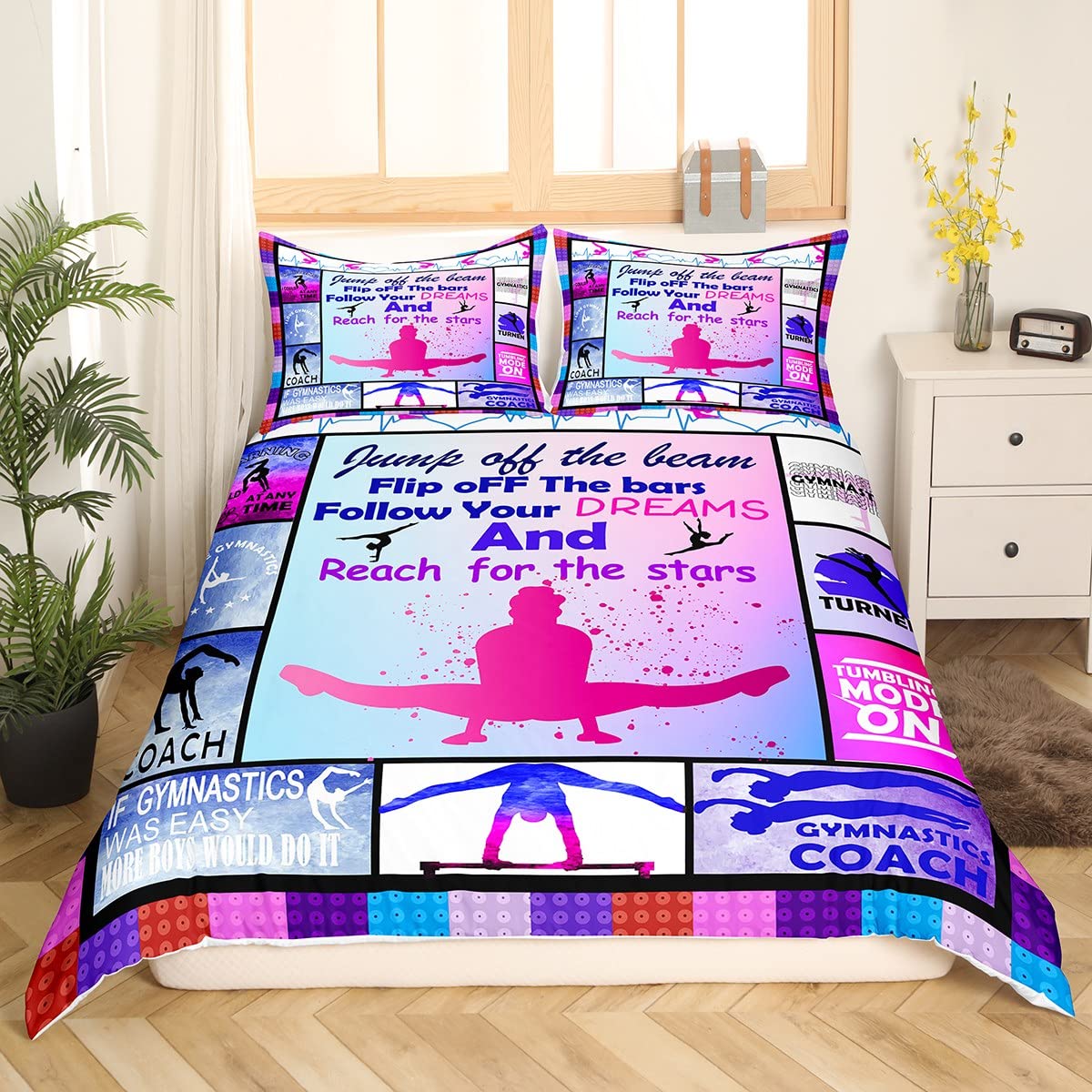 Homemissing Gymnastics Duvet Cover Gymnastics Lovers Bedding Set For Kids Boys Children Gymnast Sports Comforter Cover Set Ultra Soft Decor Plaid Grid Purple Bedspread Cover King Size 3Pcs - Image 3