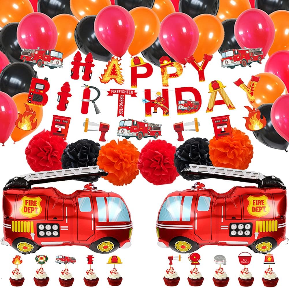 Fire Truck Birthday Party Decorations for Boys Fireman Party Supplies Birthday Banner Firetruck Balloons Firetruck Cupcakes Toppers Firefighter Birthday Party Decoration for Kids Boys Girls Birthday Baby Shower