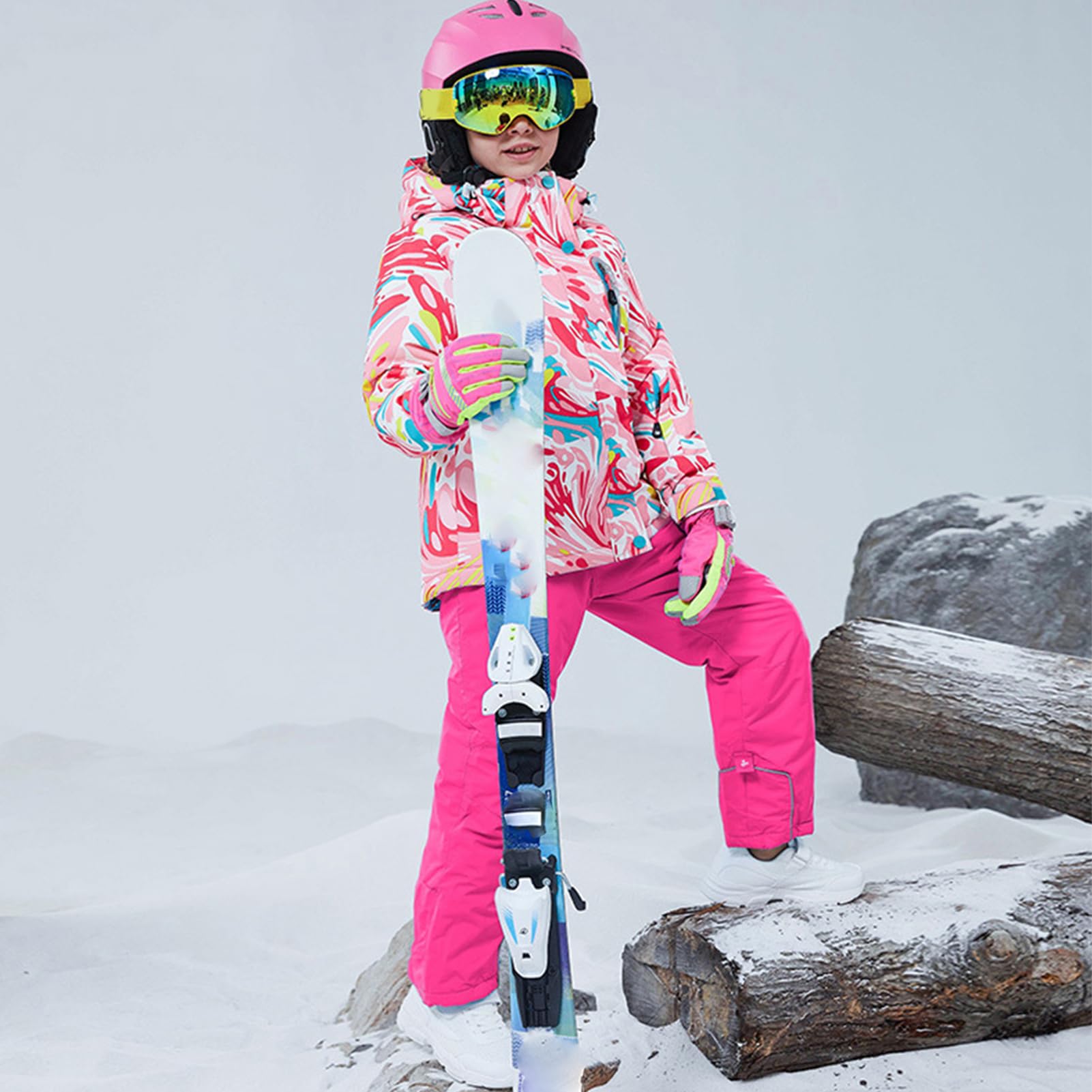 Conjunto de traje de esquí infantil de 2 piezas con capucha, traje de nieve impermeable a prueba de viento para niños y niñas, chaqueta de esquí cálida y pantalones de esquí, rosa brillante