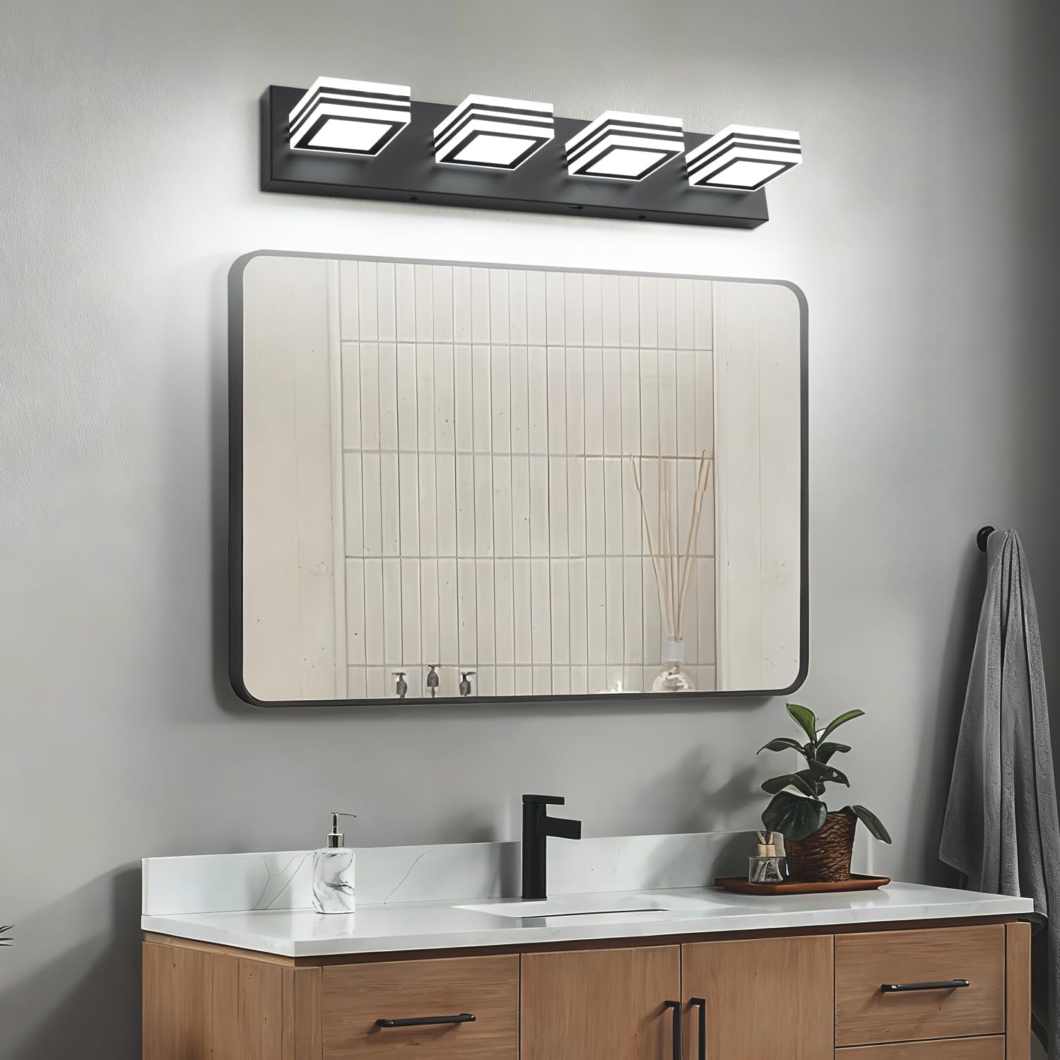 SOLFART Bathroom Vanity Light Over Mirror - 4 Light Led Vanity Light Fixture 26inch Matt Black Lights for Bath 5CCT