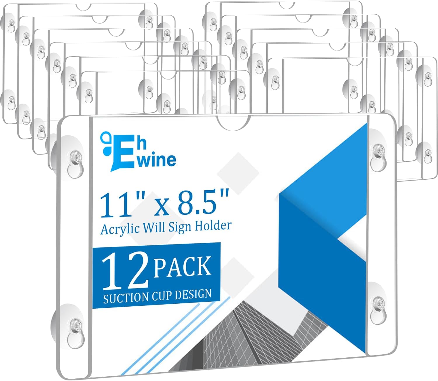 EHWINE 12 Pack Acrylic Window Sign Holder 8.511 Horizontal with 4 Suction Cups, Clear Acrylic Frames Wall Mount Advertising Signage Sign Holder for Store, School, Office, Home