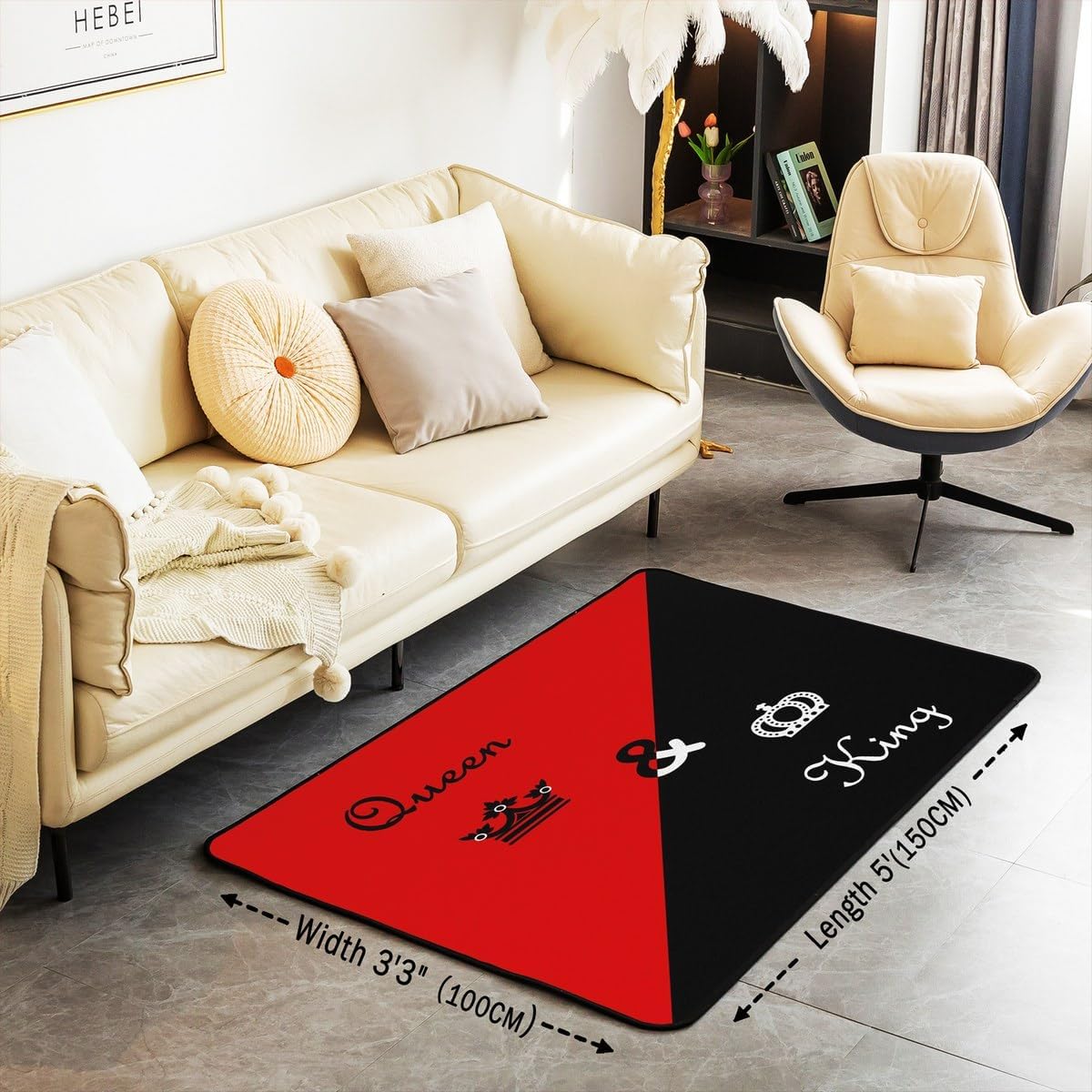 jejeloiu Queen and King Print Area Rug for Kids Boys Girls Crown Decorative Carpet Set Red Black Living Room Rugs 3x5 Bedroom Decor Romantic Indoor Floor Mat