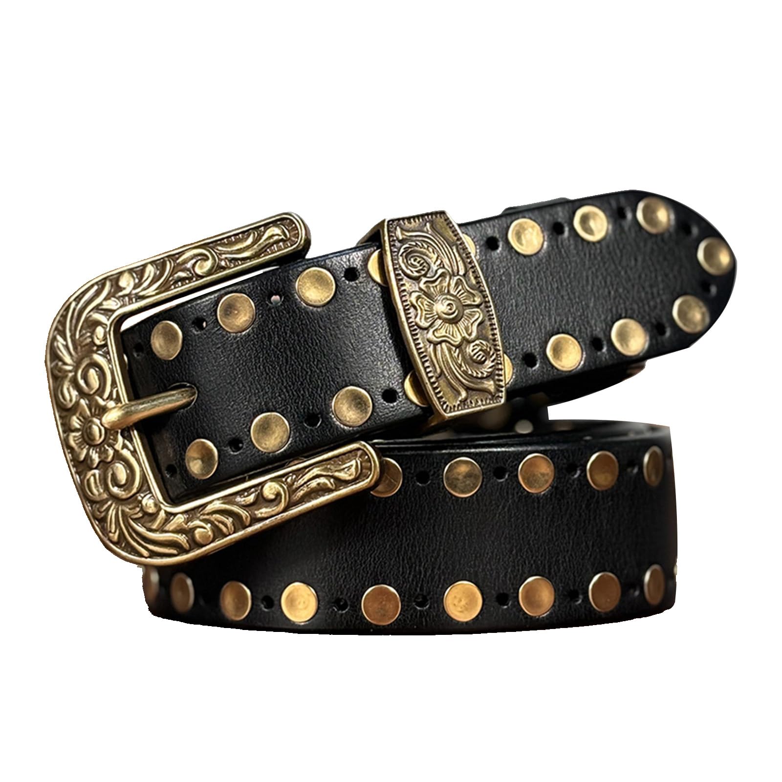 Cintura Da Uomo in Vera Pelle Con Borchie, Cinture Western Cowboy Uomo in Pelle Con Vintage Intagliata Fibbia Ad Ardiglione in Ottone, Stile Country Punk