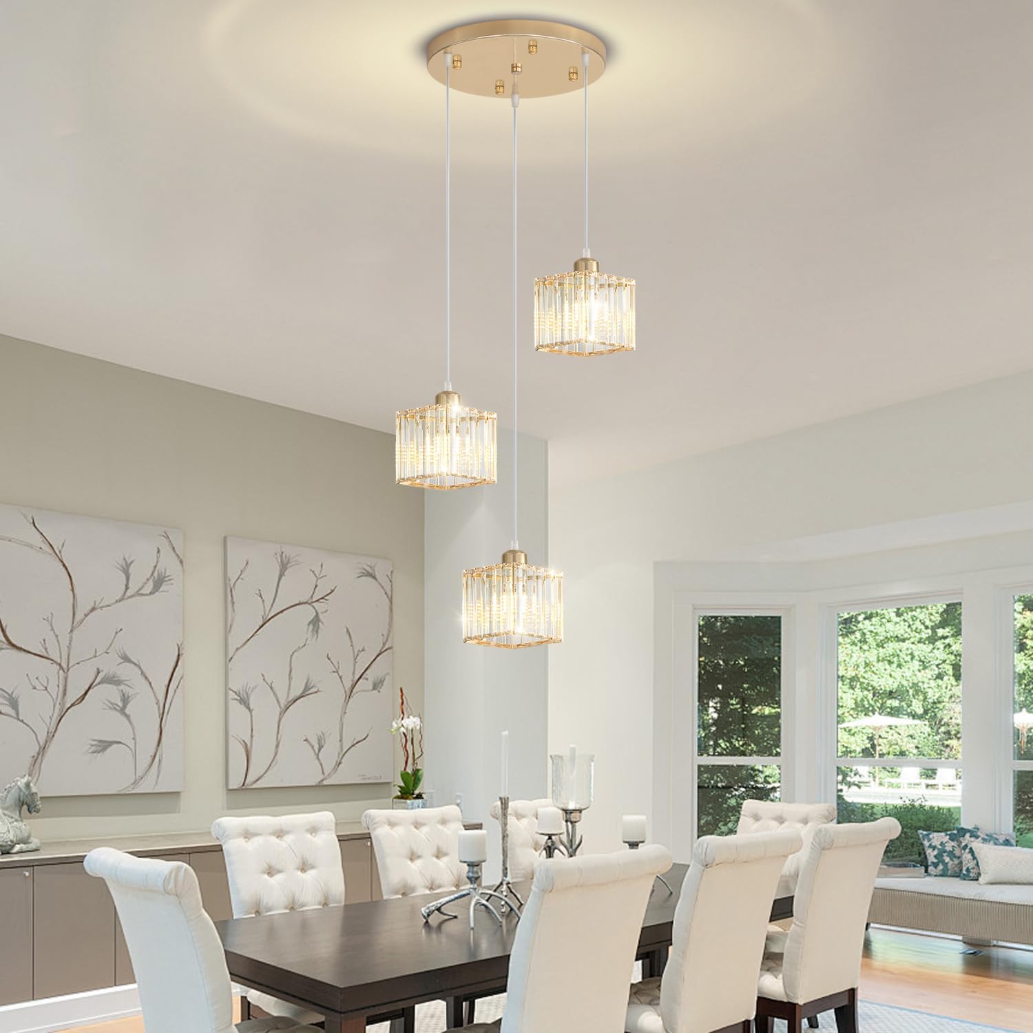 Modern Gold Crystal Pendant Light Fixture for Kitchen Island 3-Lights LED Dimmable Flush Mount Chandelier Crystal Ceiling Lights for Bedroom Hallway Foyer