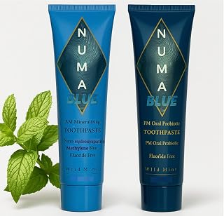 Numa Blue AM & PM Toothpaste with Methylene Blue, Nano-Hydroxyapatite, Probiotics, Fluoride Free, Wild Mint 3.4 OZ Pair
