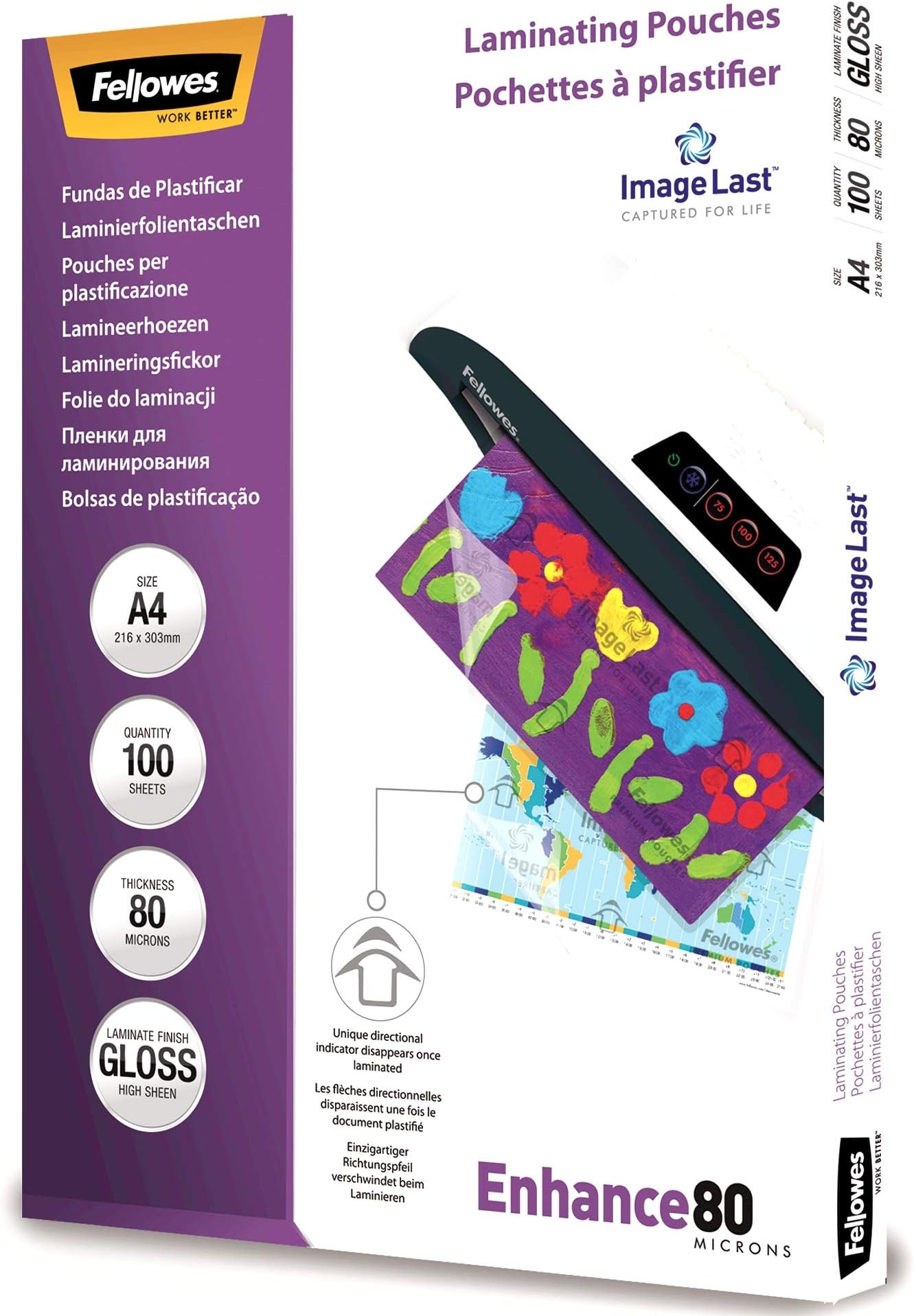 A4 Laminating Pouches, Gloss, 80 Micron with Image Last Directional Quality Mark, Pack of 100
