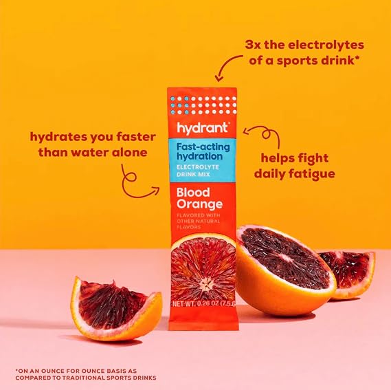 Hydrant - Hydration Powder, Blood Orange Flavor, 30 Individual Instant Electrolyte Rehydration Packets - Low Sugar Drink Mix for Daily Use, Travel & Workouts