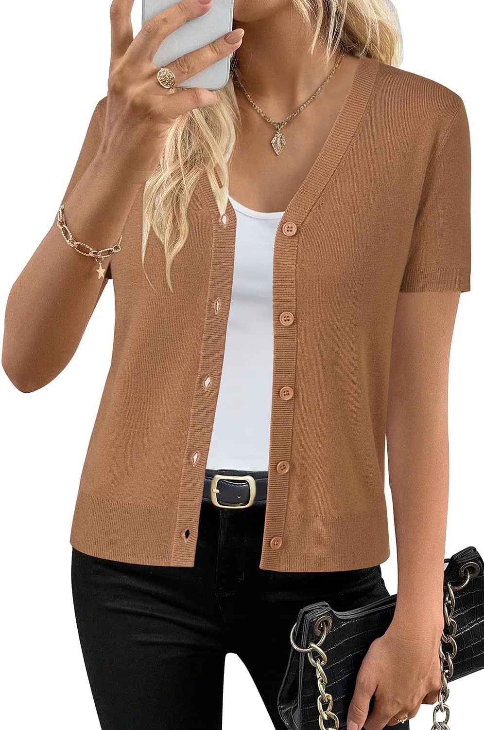 Arach&Cloz Women's Wool Blend Short Sleeve Lightweight Cardigan Business Casual Summer Sweaters Tops