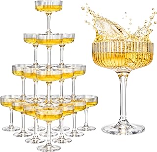 Vintage Stackable Champagne Tower, Acrylic Coupe Glasses, Set of 20, 7 oz
