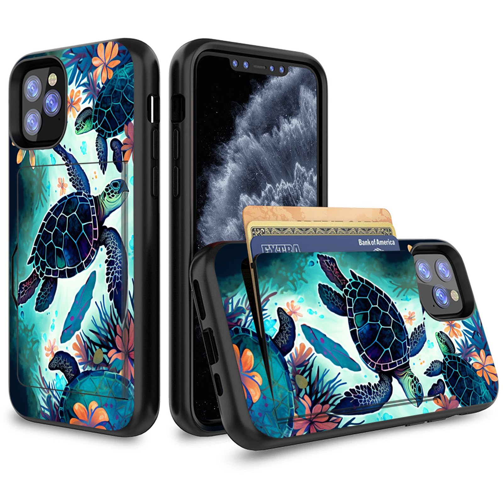 JHYYTUJTYP for iPhone 11 Case with Card Holder,Heavy Duty Protective Dual Layer Shockproof Hidden Card Slot Wallet Case for iPhone 11 6.1”,Sea Turtles