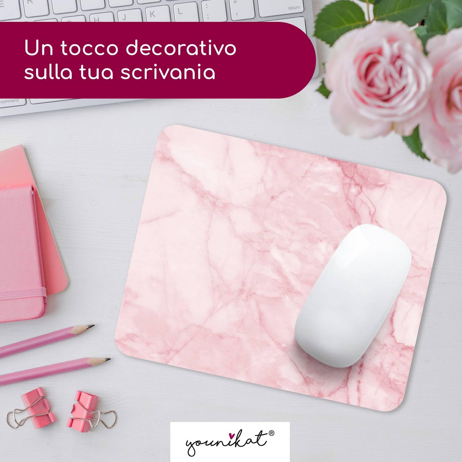 Tappetino mouse effetto marmo I 24 x 19 cm I mouse pad dimensione standard, antiscivolo I semplice moderno I pietra granito rosa bianco I dv672
