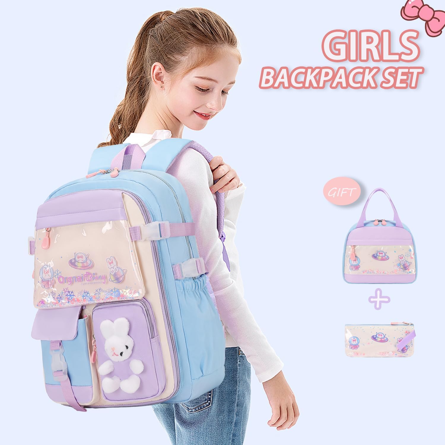 3Pcs Kawaii Cute Bunny Backpacks for Girls - School Bags with Lunch Box & Pencil Case, Pink & Blue - Image 2