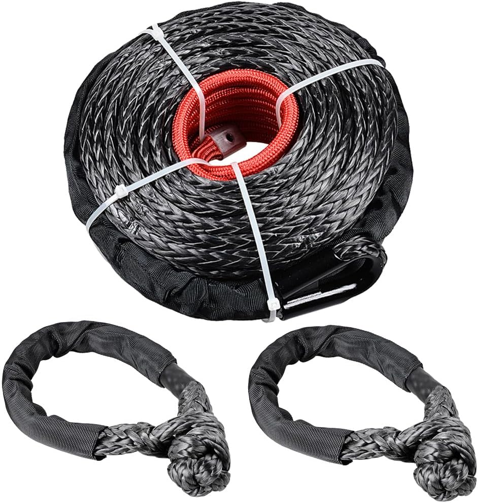 95ft 3/8" Black Synthetic UHMWPE Towing Winch Cable Rope 20,500lbs + Black Soft Shackle 38,000lbs for Offroad Recovery Pickup Truck ATV UTV Boat