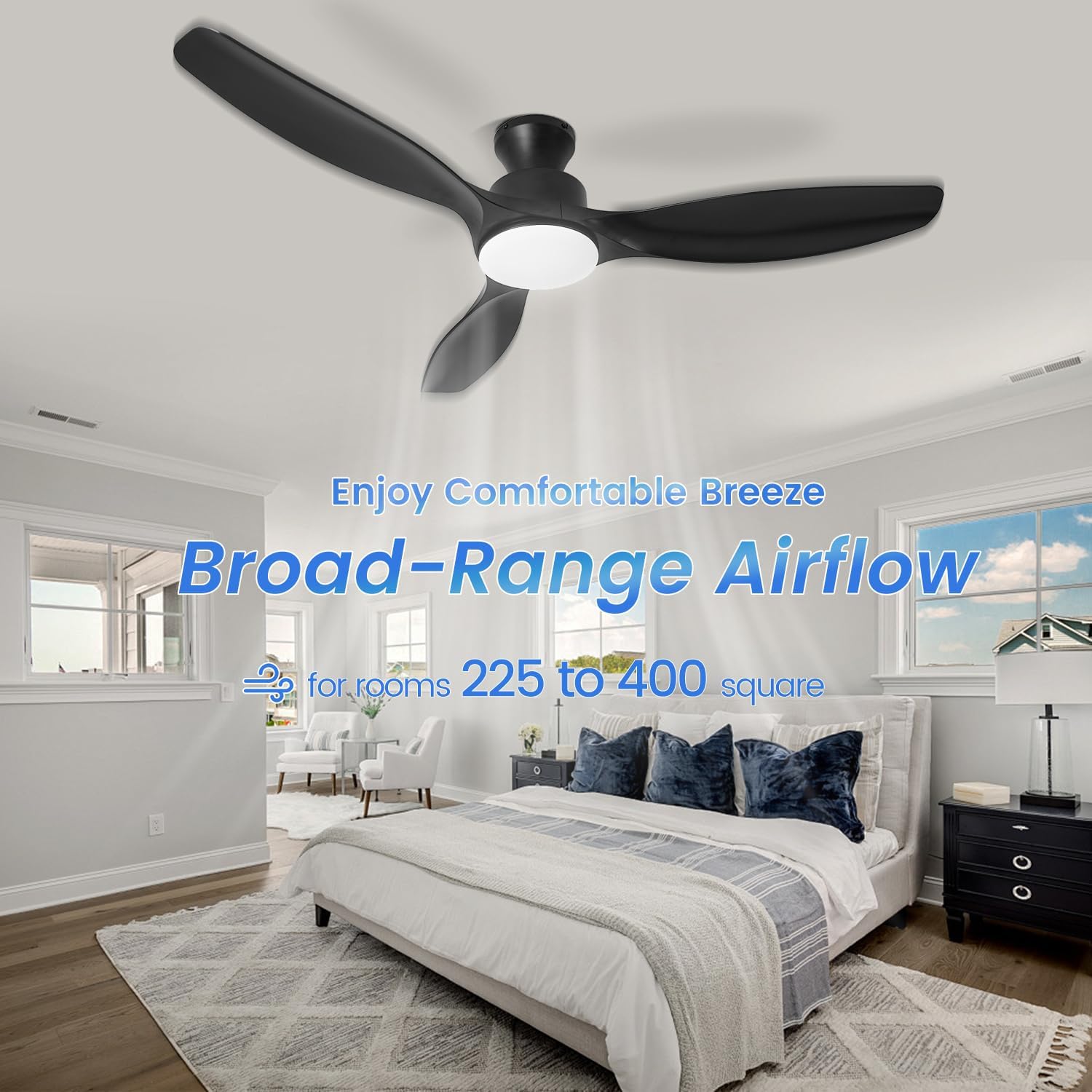 52" Ceiling Fan with Light and Remote, Flush Mount Ceiling Fan with 3 Blades, Low Profile Fan, 6 Speed, Queit DC Motor, Black Fan for Bedroom/Indoor/Outdoor/Living Room