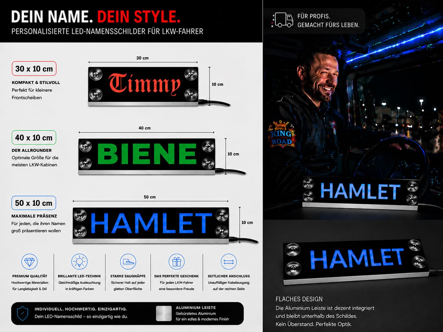 LKW Namensschild Beleuchtet mit Saugnapf | Personalisiertes LED Schild für LKW Fahrer | RGB Innenbeleuchtung 12V/24V | Blendfreies Truck Zubehör Innenraum | Best Trucks Europe