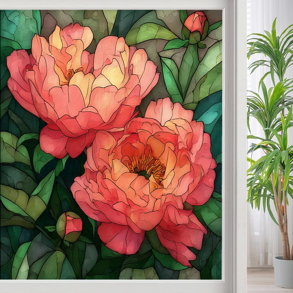 Nature Peony Bouquet Privacy Window Film, Colorful Floral Botanical Frosted Self-Adhesive Vinyl Cling for Glass Doors Bathroom Windows Sun Blocking Heat Control, 21.6Wx47.2L inch