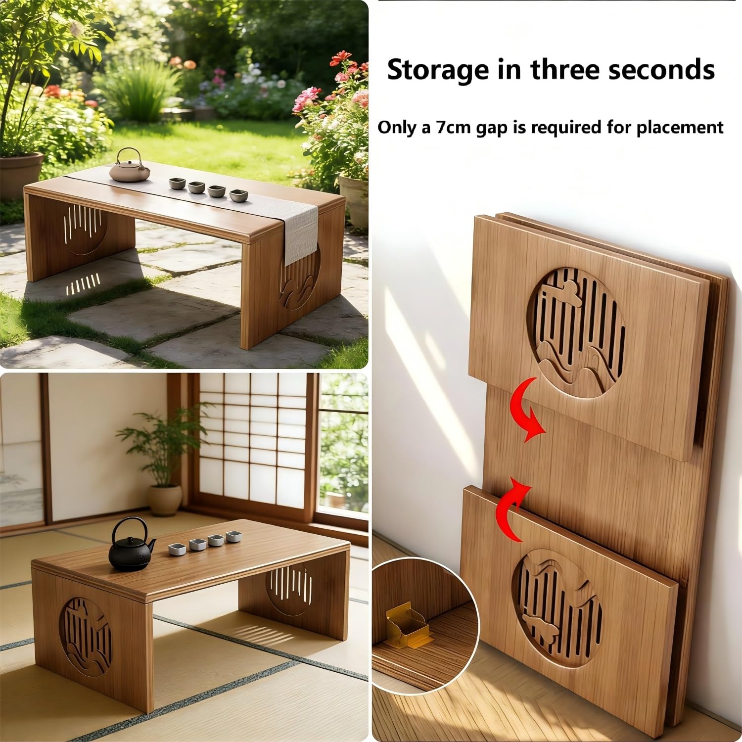 Japanischer klappbarer Bodentisch, Bambus Meditations-Tisch zum Sitzen auf dem Boden, tragbarer Teetisch für Wohnzimmer, Esszimmer, Heimdekoration(100cm/39.4in)