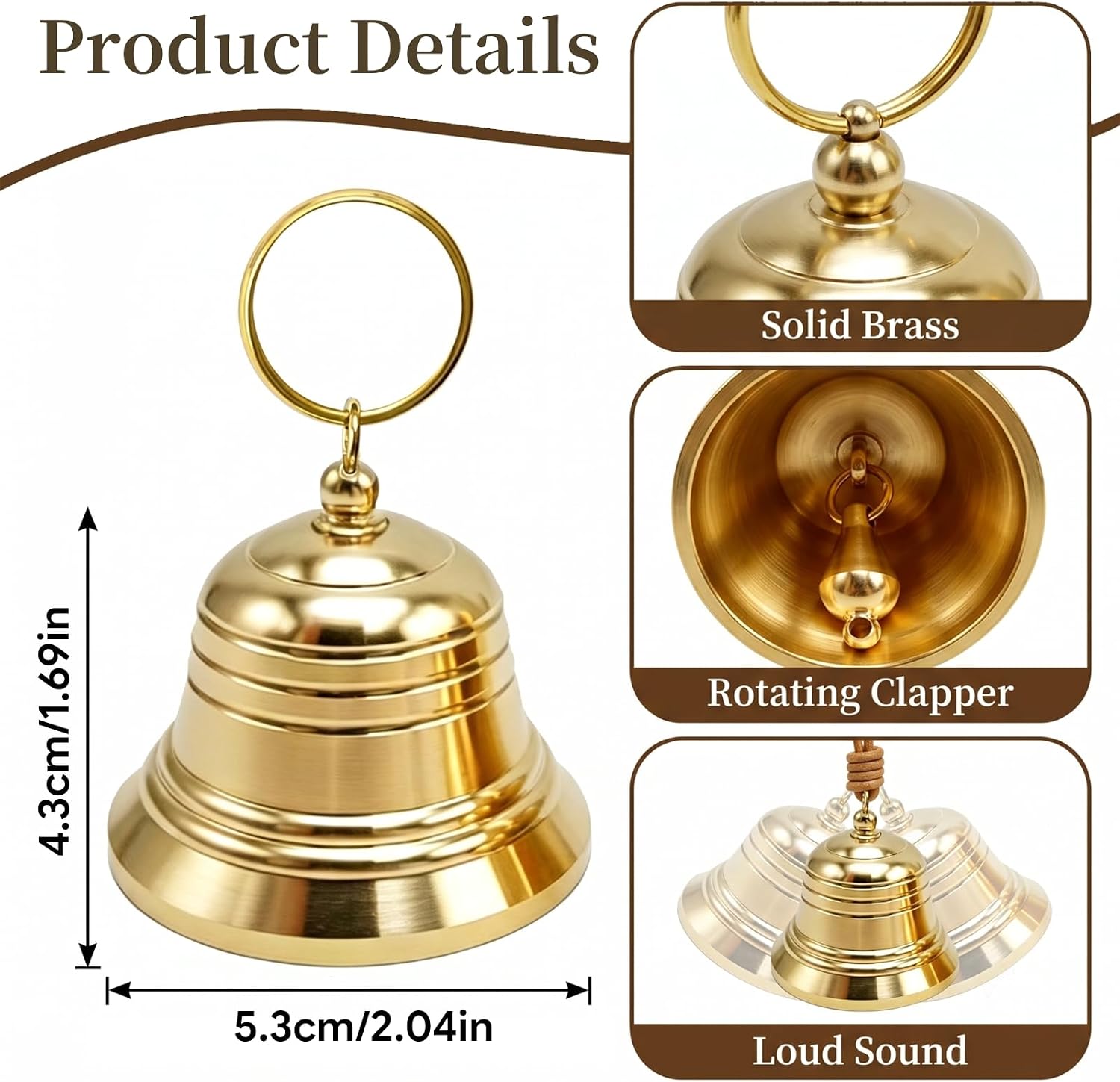 Large Brass Bell for Door Knob, Hanging Jingle Bells on Leather Rope for Door, Vintage Gold Shopkeepers Opening Decorative Bell