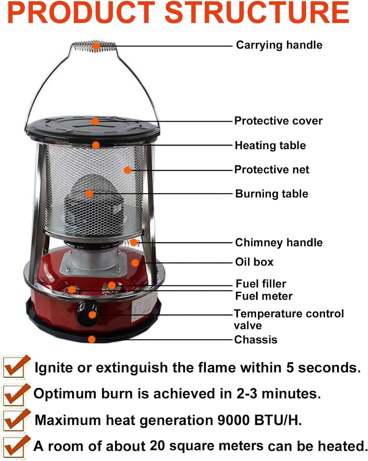 Kerosene Heater Portable Kerosene HeaterIndoor Use Portable Heater Cotton Core Good Burning Effect Kerosene Stove Heater with 5 Wicks Complete Accessories (Size : 2 Wicks) ()