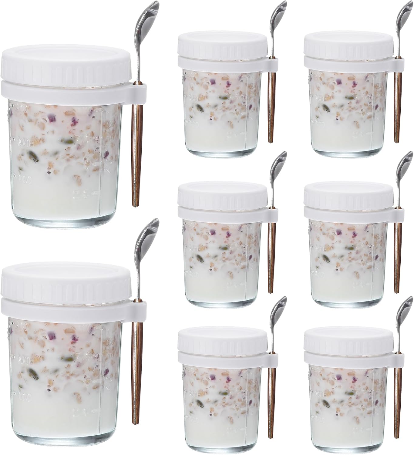 uxcell Overnight Oats Containers with Lids, 8Pcs - 10 Oz Overnight Oats Jars with Spoons and Measurement Marks, Mason Glass Jars for Milk Cereal (Cyan)