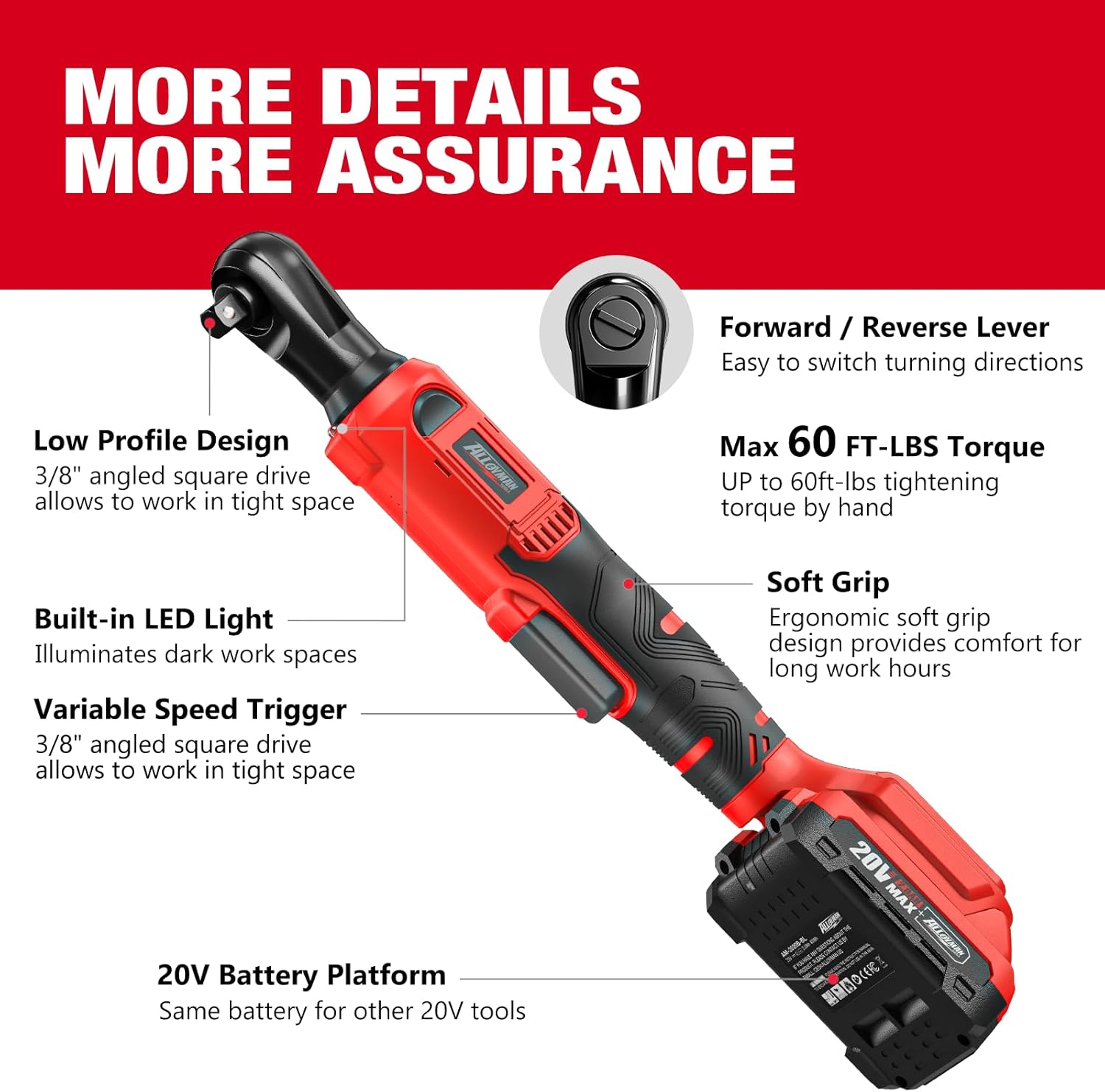 Alloyman 3/8" Cordless Ratchet Wrench Set, 60FT-LBS(80N.m) Electric Ratchet, 2 X 20V Chargeable Power Ratchet Wrench Set with Variable Speed, LED Light, 6 Sockets, 1/4" Adapter, 3" Extension Rod image 6 of 8 B0F5V4B29J