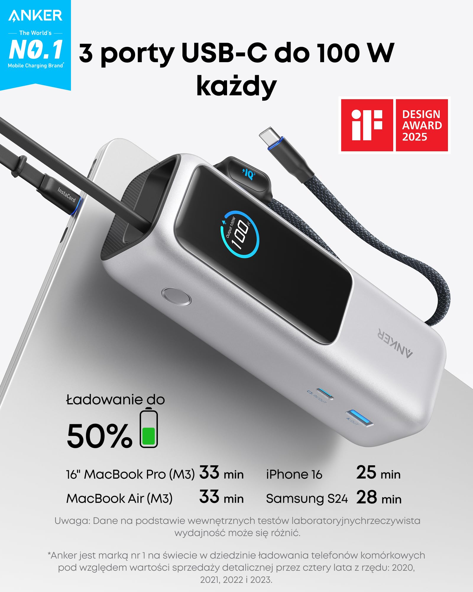Anker Laptop Power Bank, zewnętrzna bateria 25 000 mAh z 3