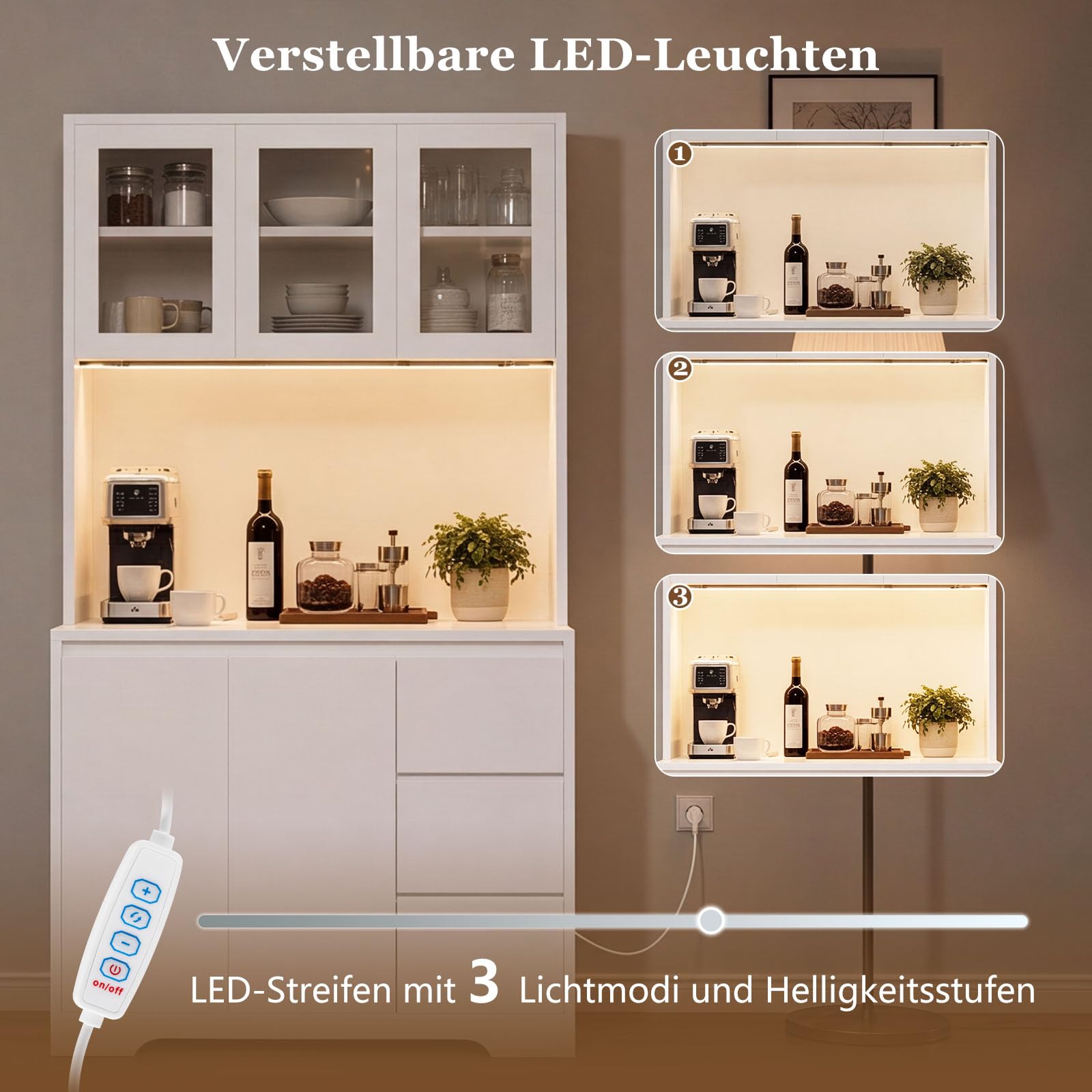 Küchenschrank mit LED & Steckdosenleiste, hoher Buffetschrank, Sideboard für Küche, verstellbaren Einlegeböden, 3 Schubladen, 5 Türen, großer Arbeitsplatte 100 x 38,5 x 180 cm, Weiß