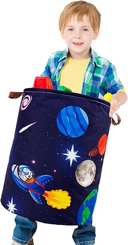 Cesta de lavandería para niños, tema de cohete espacial de astronauta, impermeable, plegable con asas, cesta de lona para cuarto de bebé de 45 L,