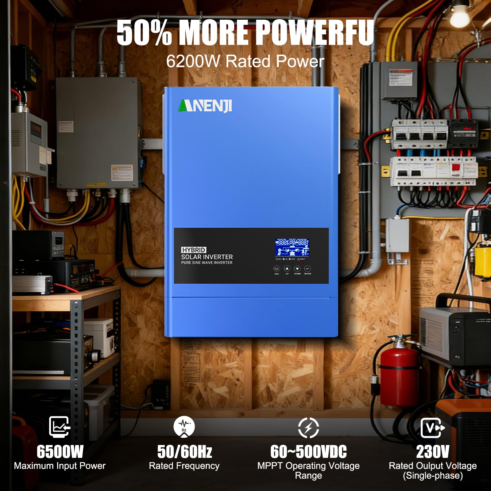 6200W Solar Hybrid Wechselrichter 48V DC/230V AC Reiner Sinus 120A MPPT + Netzeinspeisung,Max PV-Eingangsspannung 500V mit WiFi 4 Lademodi für 48V Lithium Batterien Wohnmobile/Hausnotstrom
