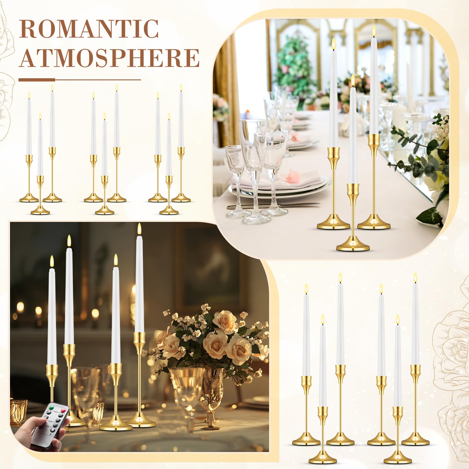Glooglitter 30 velas LED cónicas sin llama con 30 portavelas dorados y 2 temporizadores, funciona con pilas, luz cónica parpadeante con portavelas de metal a granel para decoración de mesa de boda y