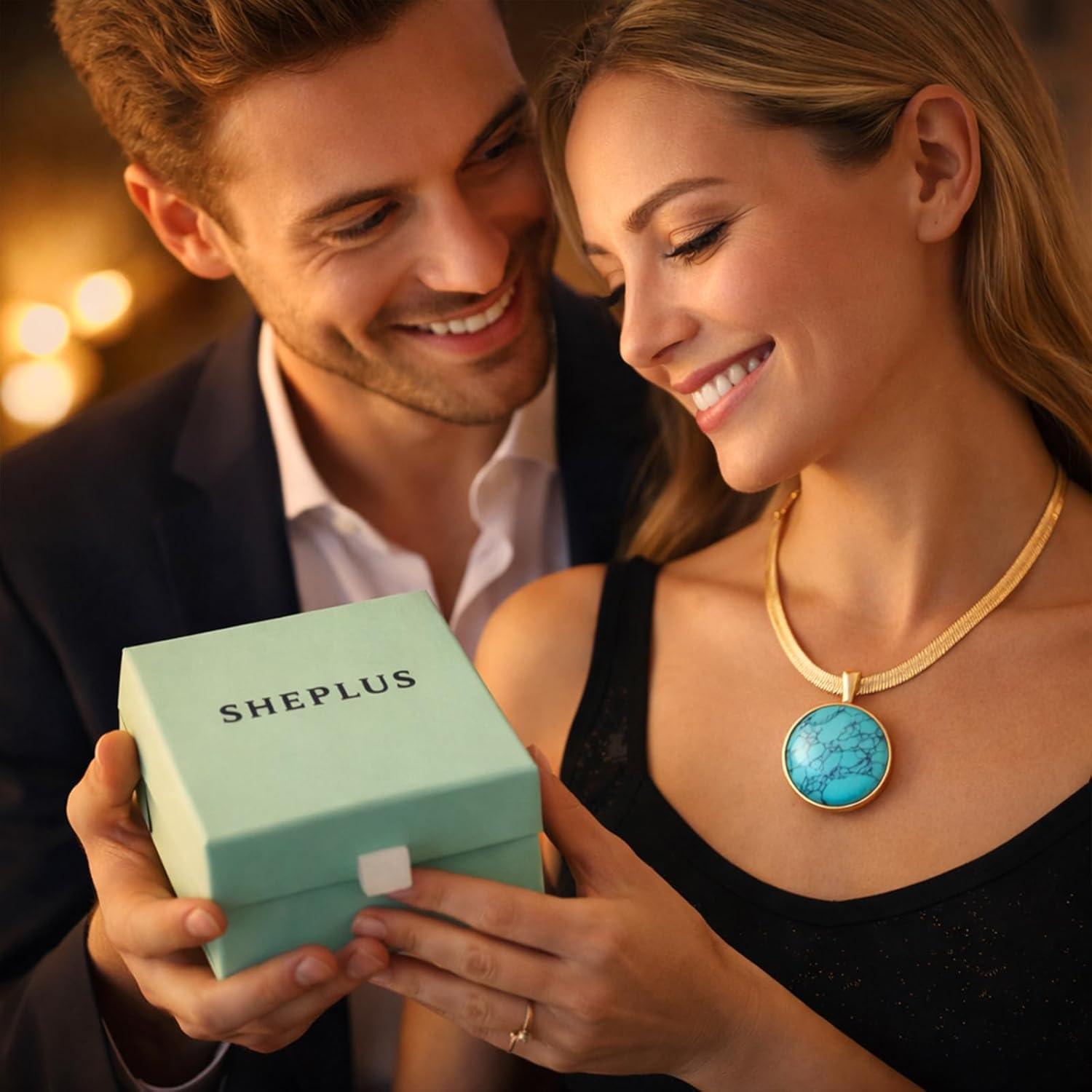 Sheplus Genuine Natural Turquoise Round Gold Chain Chunky Necklace Real Authentic Western Jewelry for Wife, Girlfriend, Mom,Anniversary Birthday Gift