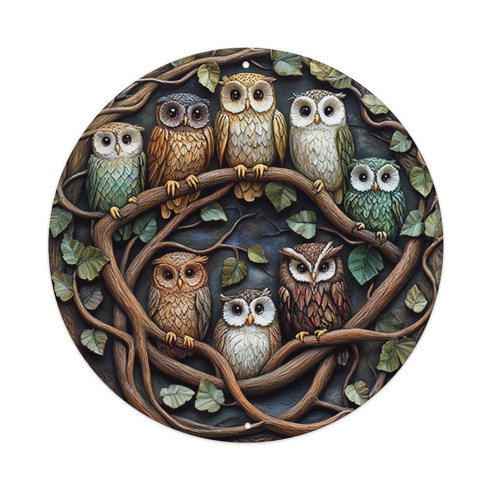Owl Tree Branch Leaves Circle Round Tin Sign Vintage Metal Sign Home Bar Garden Indoor & Outdoor Wall Decor Retro Metal Poster 8x8 Inch