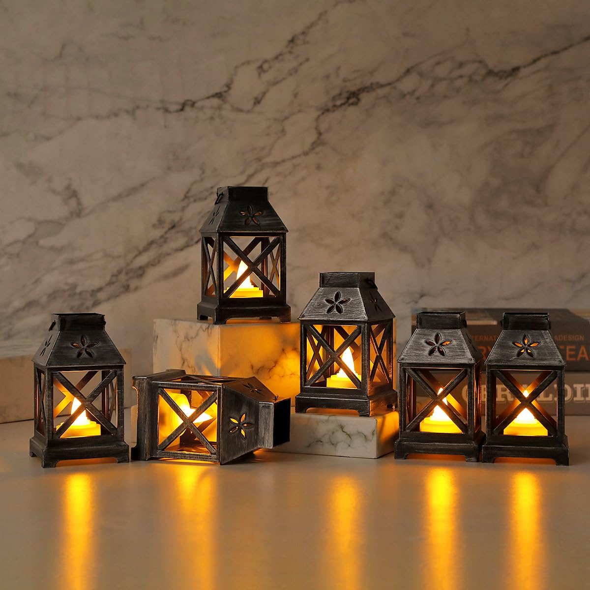 6 Pcs Decorative Lantern LED Candle 4.5" Christmas Mini Lanterns Bulk Holiday Vintage Hanging Lanterns Xmas Decorative Candle Lanterns for Table Centerpiece Outdoor Indoor (Silvery)