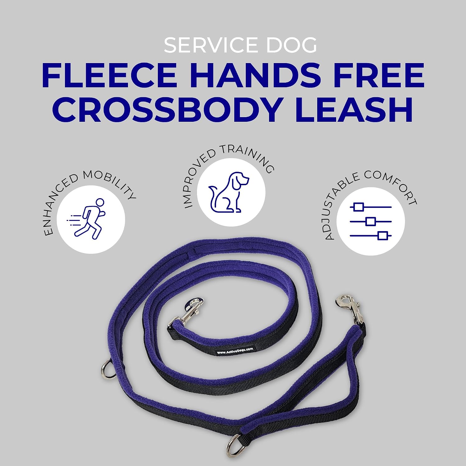 ActiveDogs Luxury Fleece Crossbody Dog Leash 6.5ft - Comfortable Hands Free Dog Leash with Adjustable Length, Durable Black Nylon & Built-in Handle - Wearable No Hands Dog Leash, Purple