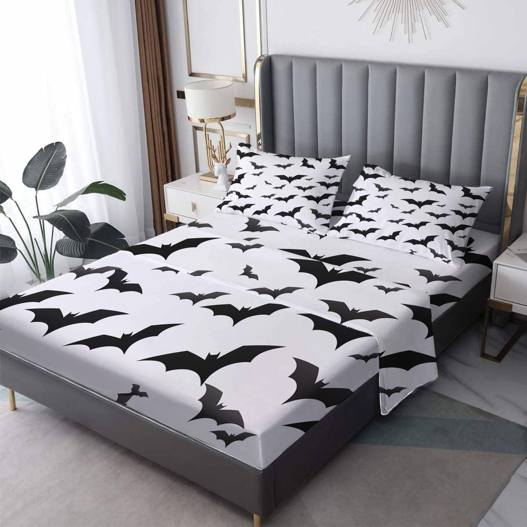 GEDAEUBA Bat Sheets King Size - Halloween Bed Sheets for Kids Boys Girls, Black and White Sheet Set, Soft Microfiber & Deep Pocket & Wrinkle Free Fitted Sheet, Flat Sheet and Pillow Cases