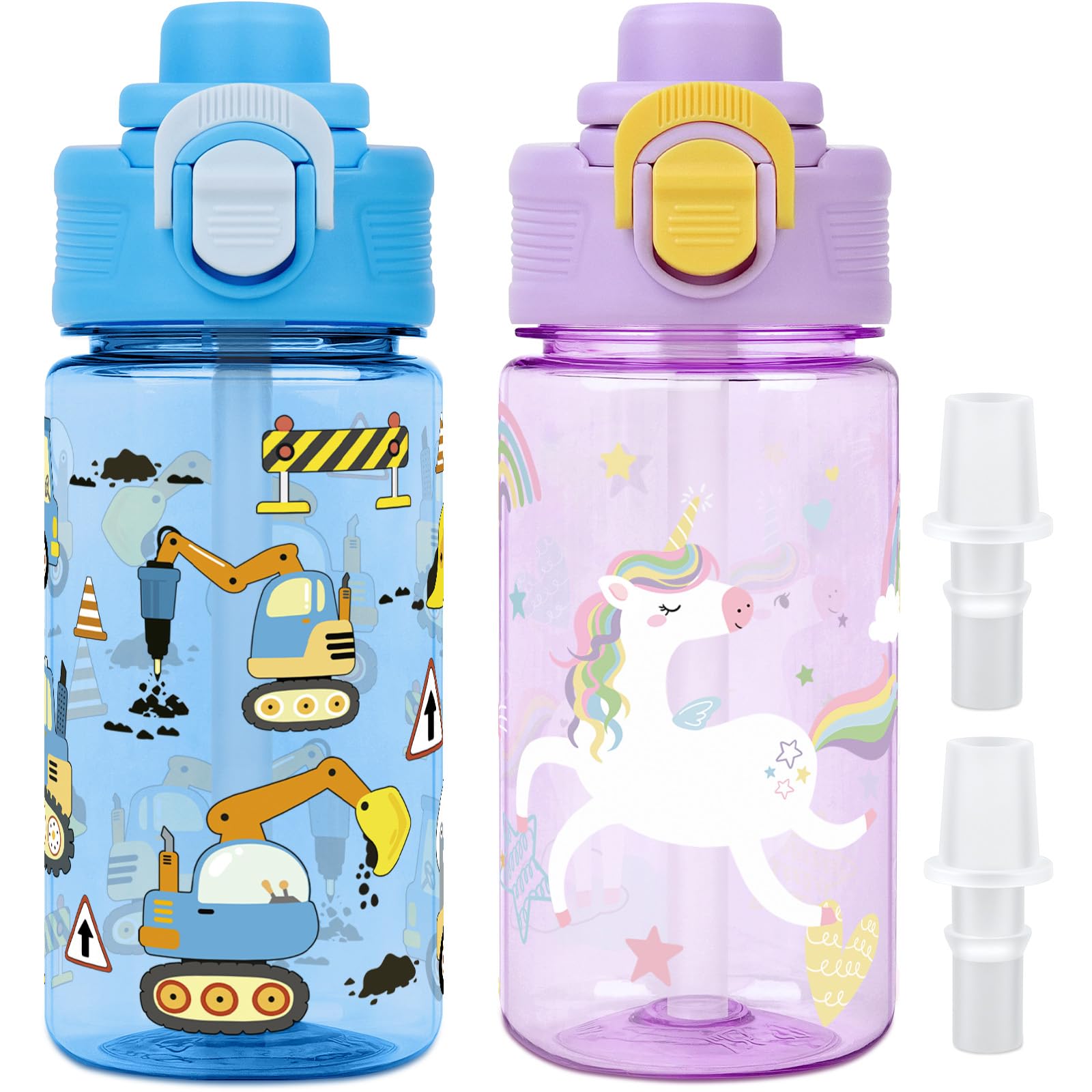 Kids Water Bottles with Straw, 2 Pcs 380ml Boys Girls Leakproof Water Bottle with Bite-to-Sip Spout, Secure Lock and Carry Handle, Bpa-Free for Kids Nursery Sports School - Purple Unicorn & Dinosaurs