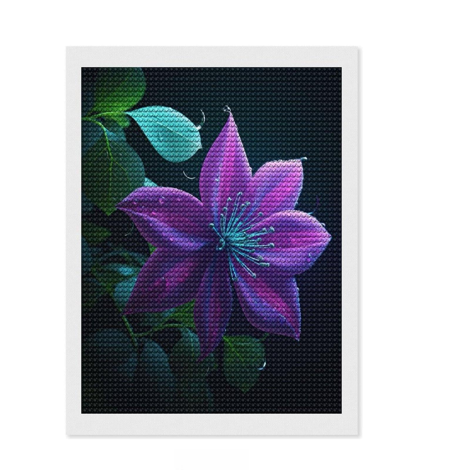 Junmoney Clematis Flower DIY Diamond Art Canvas Kit 12"x16", Adhesive Canvas, Sparkling Round Gems, Bedroom Decor, for Beginners
