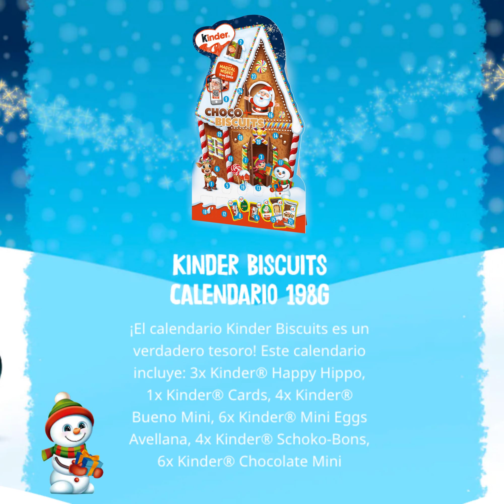 Kinder Biscuits Calendario de Adviento con Chocolates, Postal Navideña, Gorro de Papá Noel, Edición Especial Navidad