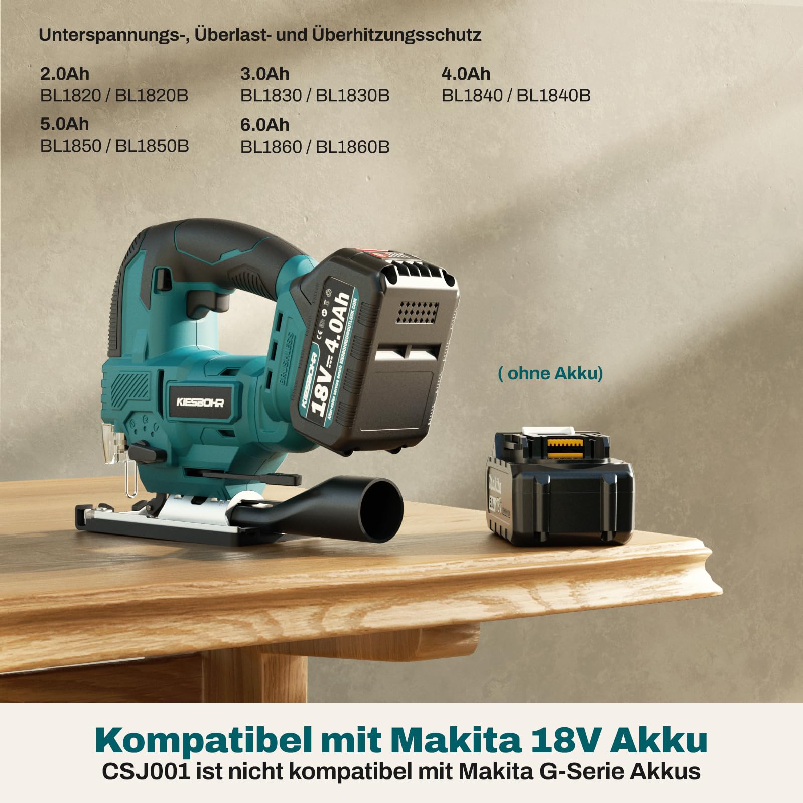 DIY Akku Stichsäge Kompatibel mit Makita 18V Akku, CSJ001 Bürstenlose Pendelhubstichsäge, 26 mm Hubhöhe, max. 45° Schrägschnitte, 2 Stichsägeblätter (ohne Akku)