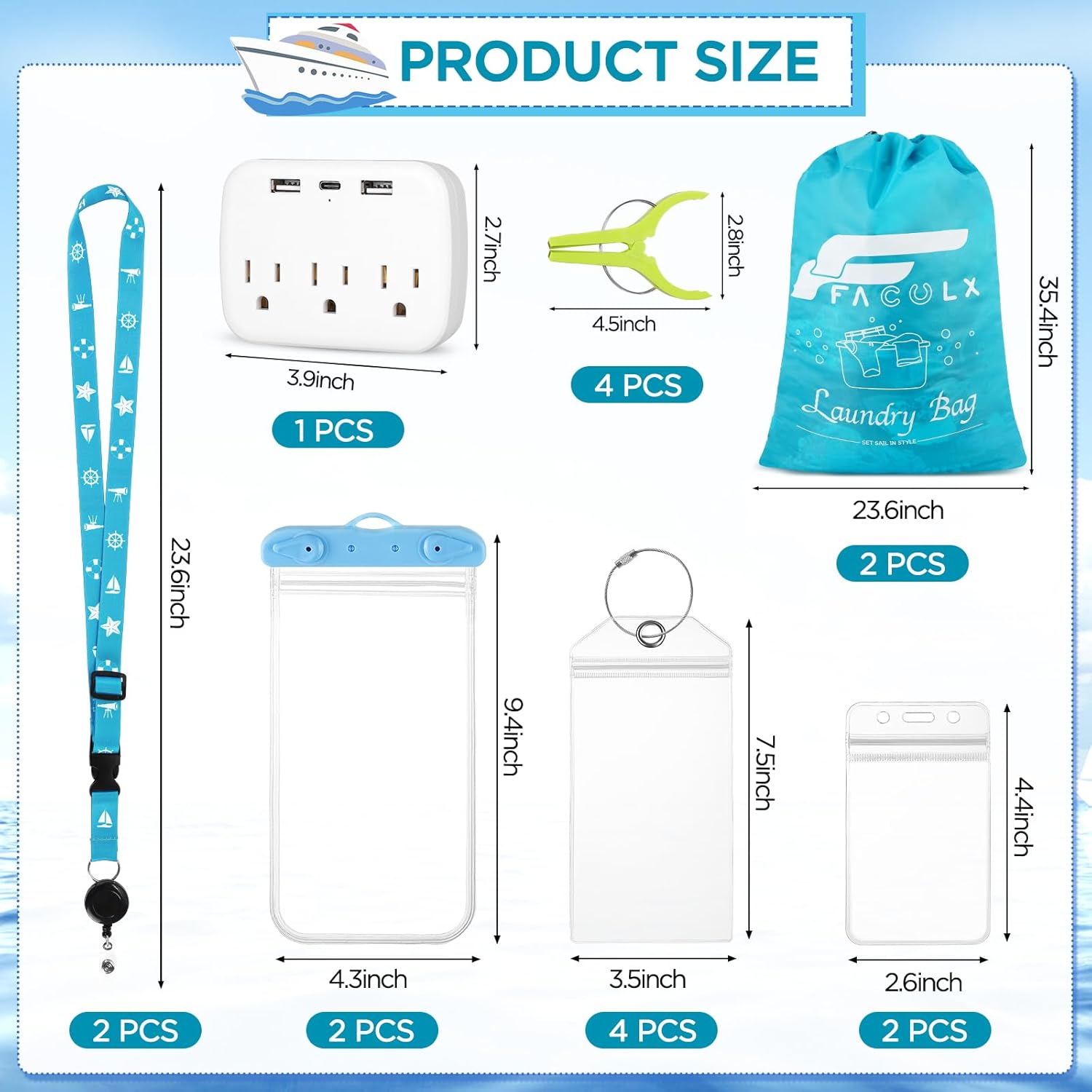 FACULX Cruise Accessories Kit for Two People, Cruise Essentials Include Luggage Tags, Lanyards for Cards, Laundry Bags, Phone Bags, Power Strip for Carnival Cruise Must Haves Kit (Pink Blue)