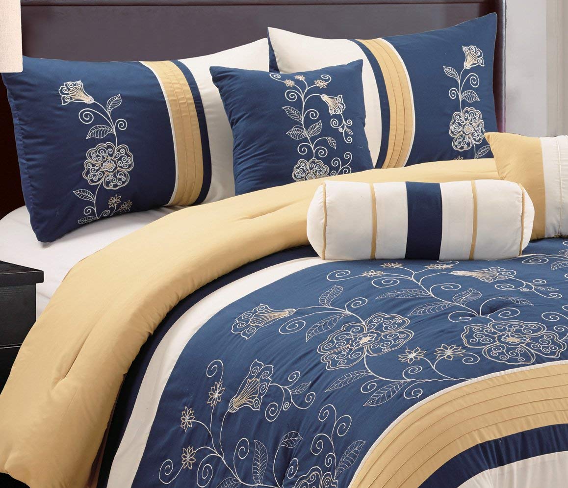 Grand Linen Modern 7 Piece Bedding Navy Blue/Gold/OffWhite Floral