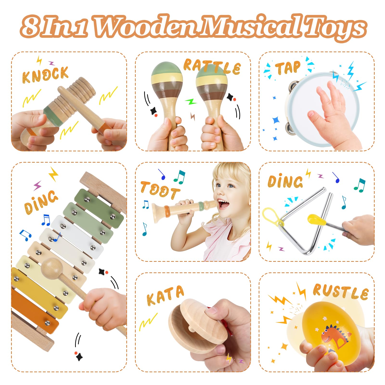Instruments de musique Montessori en bois pour tout-petits de 1 à 3 ans, xylophone pour enfants, cadeaux d'anniversaire éducatifs (bois coloré)
