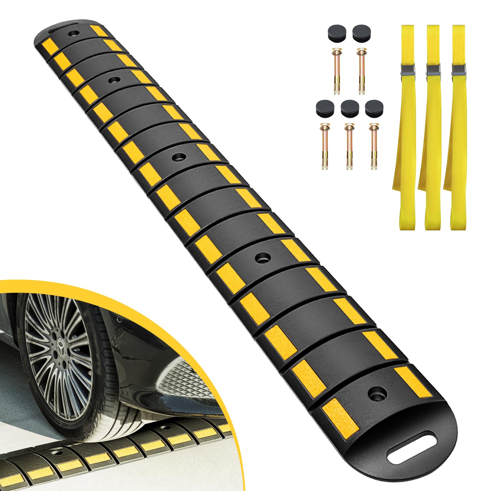 CXRCY Portable Speed Bump, 6.4FT Rubber Heavy Duty Speed Bump Hump for Traffic Driveway Road Asphalt Concrete Garage Gravel Roads with 5 Upgraded Bolts & 3 Straps (76.7 x 9 x 1.77 Inch)