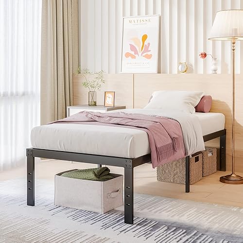 Miniatura 3 de COMASACH Marco de cama de 18 pulgadas de alto, tamaño individual, marcos de cama de metal negro resistente, no necesita somier, fácil montaje,